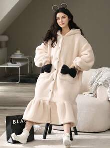 1 Pieza Ropa De Dormir Con Capucha Y Forrada De Vellón Para Mujeres, Bata De Casa Linda Para Otoño E Invierno - Beis - Ver 3