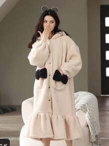 1 Pieza Ropa De Dormir Con Capucha Y Forrada De Vellón Para Mujeres, Bata De Casa Linda Para Otoño E Invierno - Beis - Ver 8