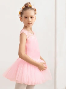 Young Girl Ballet Leotard With Water Drop Mesh Lace Patchwork - Baby Pink - View 4