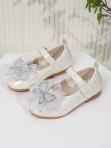 1 Paar flache Pu Mädchenschuhe mit zerbrochenen Diamant Gauze Schleifendekor und Haken- und Ösenverschluss Design, geeignet für Frühling, Sommer und Herbst