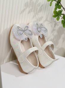 1 Paar flache Pu Mädchenschuhe mit zerbrochenen Diamant Gauze Schleifendekor und Haken- und Ösenverschluss Design, geeignet für Frühling, Sommer und Herbst