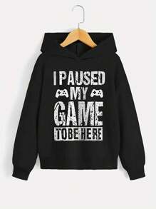 1件青少年男童加厚印花标语卫衣，秋冬童装 - 黑色 - 查看 3