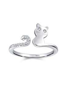 1pc 925 Sterling Silver Cute Cats Cubic Zirconia Adjustable Finger Ring For Women Simple Animal Ring Christmas Gift Fine Jewelry - Silver - View 1