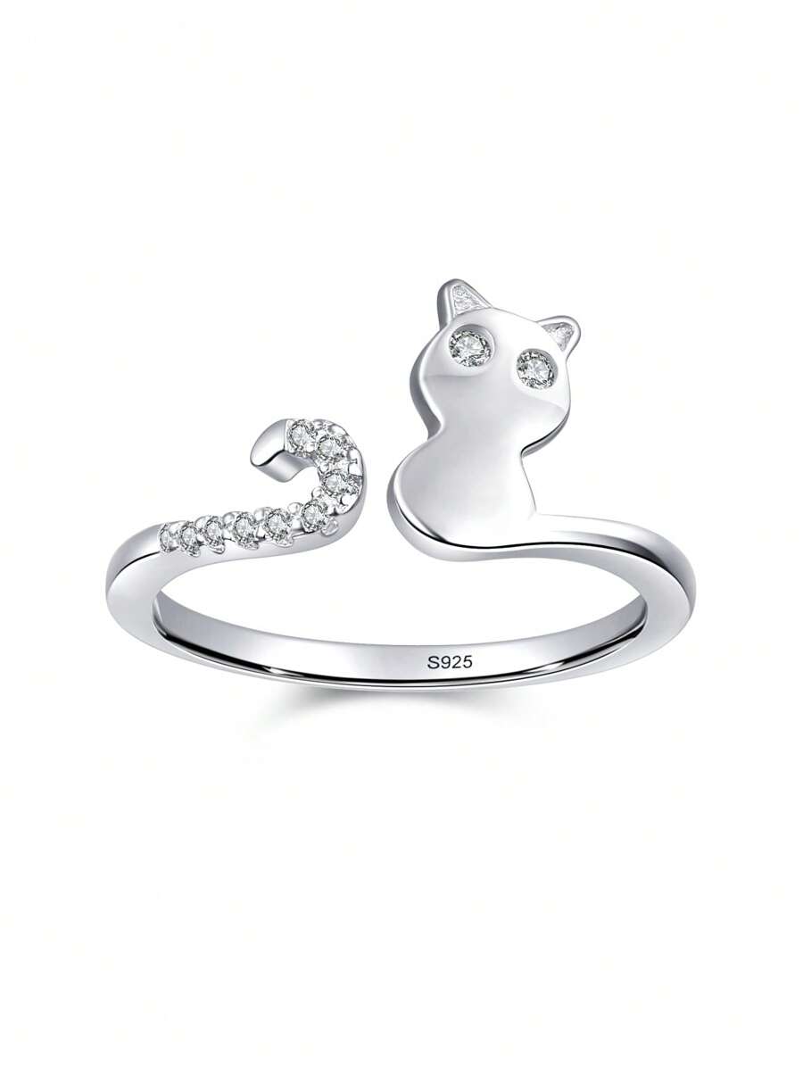 1pc 925 Sterling Silver Cute Cats Cubic Zirconia Adjustable Finger Ring For Women Simple Animal Ring Christmas Gift Fine Jewelry - Silver - View 1