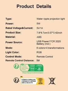 1pc Dreamlike Projection Led Night Lamp, Water Wave & Laser Light, Starry Atmosphere, Smart Mini Rotation - Multicolor - View 8