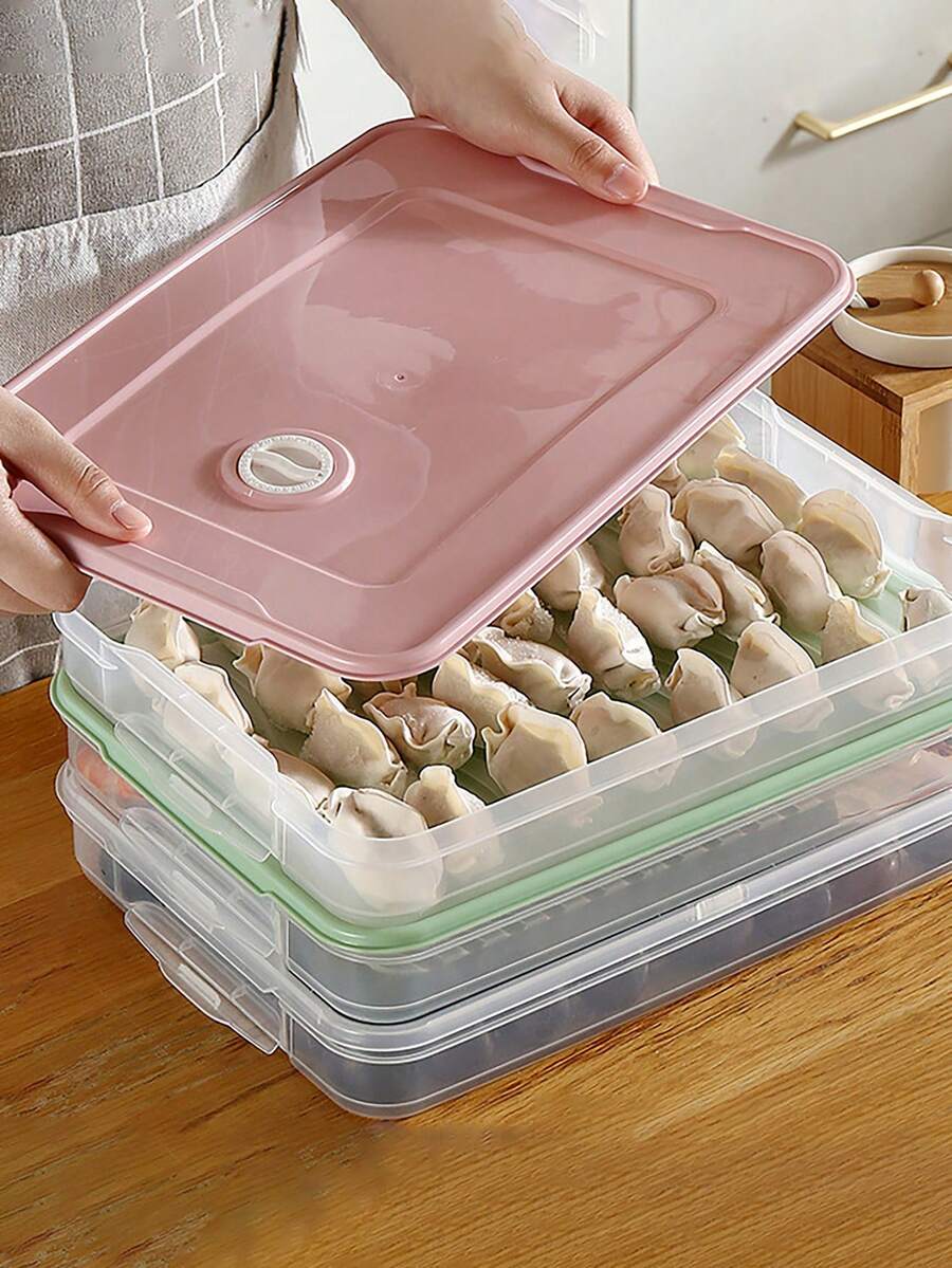 1 Pieza Caja De Almacenamiento De Empanadas De Gran Capacidad Y Varias Capas Con Tapa, Contenedor De Plástico Transparente Para Alimentos En Refrigerador - Rosa - Ver 1