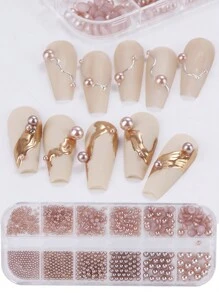 12 viên ngọc trai giả nhiều kích cỡ, dạng dẹt và tròn, màu sâm panh, thích hợp cho trang trí móng tay nữ và bé gái, đồ trang trí móng tay tự làm, phụ kiện móng tay, vật tư làm móng - Rượu sâm banh - Xem 2