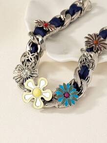 1pc Vintage Titanium Steel Necklace With Ribbon And Flower Decor Design For Women, Suitable For Daily Wear Valentines