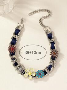 1pc Vintage Titanium Steel Necklace With Ribbon And Flower Decor Design For Women, Suitable For Daily Wear Valentines