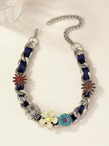 1pc Vintage Titanium Steel Necklace With Ribbon And Flower Decor Design For Women, Suitable For Daily Wear Valentines