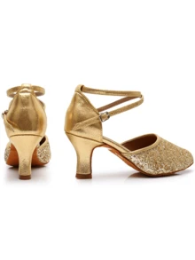 时尚热销女士高跟舞鞋，金色、红色和黑色鞋子，水晶，网眼鞋面，绒面防滑软底，现代拉丁、恰恰伦巴、探戈舞厅、派对室内舞鞋，春秋鞋高跟凉鞋 - 金色 - 查看 5