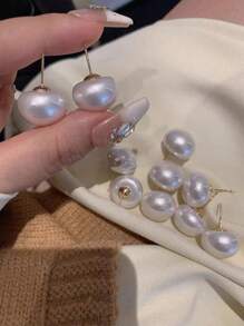 1 set Boucles d'oreilles cloutées en faux perle, grandes, plates, à imitation haute brillance, hypoallergéniques, cadeau pour femmes