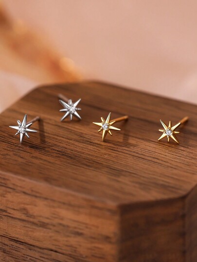 1pair Cute Mini S999 Sterling Silver Cubic Zirconia Eight-Pointed Star Stud Earrings For Women Fashion Summer Fine Jewelry Daily Wear