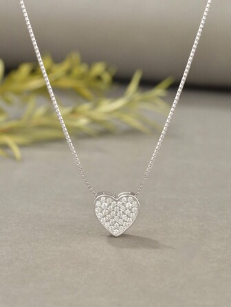 ホワイトキュービックジルコニア付き925シルバーハートネックレス