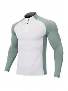 SHANYING 彈性色塊男士立領健身跑步運動服,健身服男士 - 綠色 - 查看 2