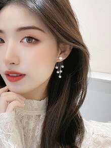 1對假珍珠裝飾耳環,高端時尚流蘇耳環 - 金色 - 查看 1