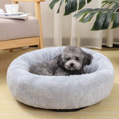 1pc Round Short Plush Pet Bed Soft Cage Mat Winter Warm Dog Bed For Cats And Small Dogs (Light Gray)