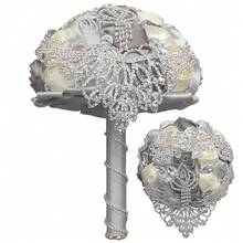 One Artificial Rose Wedding Bouquet, Handmade Bridal Bouquet With Rhinestone Ribbon Decor, Party Hand-Held Flower, W3218g-21 - Grey - View 4