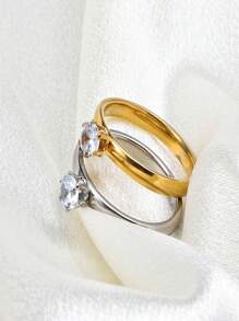 1pc Fashionable Zirconia & Stainless Steel Couple Ring - Yellow Gold - View 2