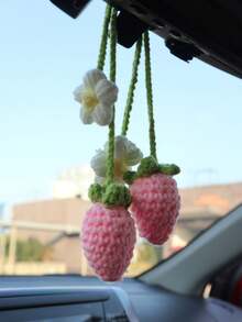 一組毛線編織水果草莓花汽車飾品後視鏡裝飾車裝創意掛飾愛心掛件 - 彩色 - 查看 1