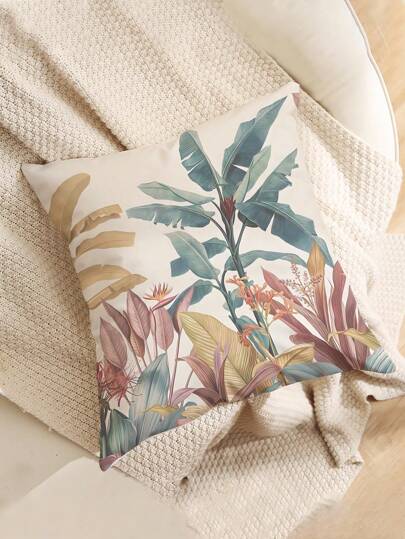 1pc Green Leaf Patterned Cushion Cover, Modern Pillow Case, Single Side Printing, Sofa Use, Home Decorative Pillow Cover, Pillow Core Not Included