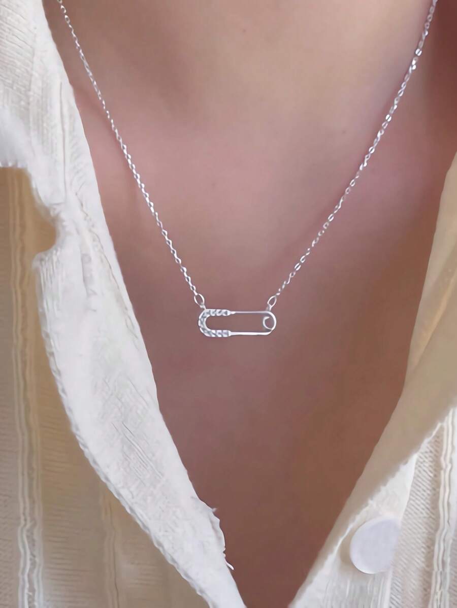 BALMORA 1 件 S925 纯银法式轻奢镀金回形针项链，配女士微镶嵌锆石别针、锁骨链、小众独特设计、生日礼物