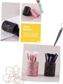 1只黑色/粉紅色pu材質的混合腮紅和眉毛專業眼影化妝刷,帶有存儲桶的閃粉化妝刷存儲桶,大容量化妝刷存儲盒,防塵圓形美容存儲桶,空粉紅黑色皮革垂直圓柱形筒狀盒子,化妝刷站立式收納杯 - 黑色 - 查看 4