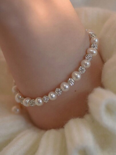 BALMORA 1 pieza Brazalete delicado y lujoso de perlas de plata de ley 925, un regalo para la fiesta de vacaciones de la novia de una chica