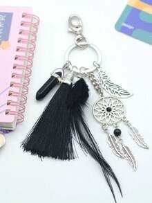 1入黑色捕夢網鑰匙扣,附有羽毛、綠松石和葉子吊飾,男女均適用 - 彩色 - 查看 4
