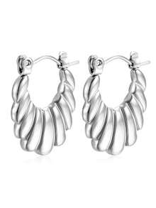 1對女士不鏽鋼時尚極簡耳環,具有油壓紋理,適合日常穿戴 - 銀色 - 查看 17