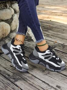 1雙女性舒適休閒運動鞋,棕色pu材質低幫滑板鞋,前系帶適用於戶外活動、學生、萬聖節、聖誕節 - 黑色 - 查看 4