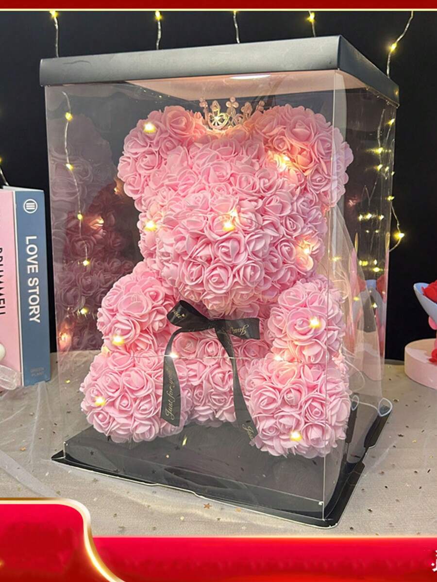 1pc Forever Preserved Rose Flower, Valentine's Day & Birthday Gift, Wedding Souvenir, Creative Gift With Simulated Pe Flower & Foam Bear - Pink - View 1