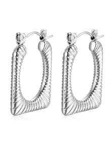 1對女士不鏽鋼時尚極簡耳環,具有油壓紋理,適合日常穿戴 - 銀色 - 查看 19