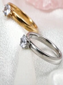 1pc Fashionable Zirconia & Stainless Steel Couple Ring - Yellow Gold - View 3