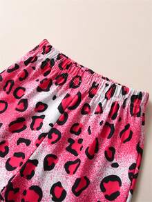 Nhỏ bé Cô gái Con bò Đầu & In thư Ngắn tay Áo thun Với In hoa Báo Quần ống loe - Đỏ - Xem 7