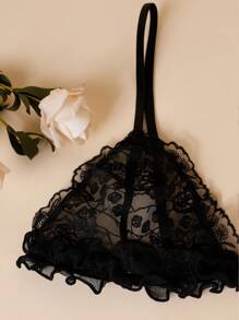 Women's Black French Style Wireless Triangle Cup Lace Bralette For Small Bust - Black - View 3