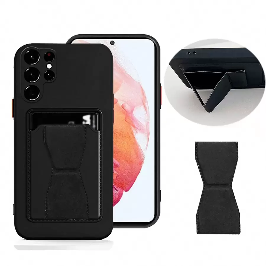 1pc Black Smartphone Case With Bracket, Contrast Color Buttons, Card Slot, Soft TPU Silicone Matte Shell, Detachable Buttons, Thin And Lightweight, Cube Textured Design, Full Body Protection,International Version, Not The Domestic Version
