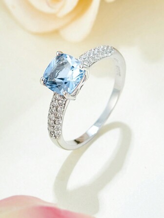 925 Sterling Silver Square Aquamarine Ring, Diamond Encrusted Sparkling And Elegant Design Showcasing Luxurious Romantic Vibe, Suitable For Engagement Ceremony, Anniversary, Formal Gala, Luxury Party And More