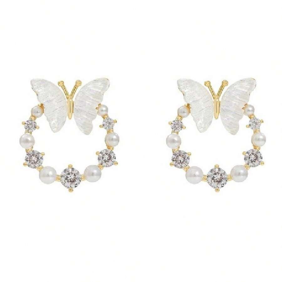 S925銀針環&蝴蝶設計耳釘,高端&精緻茶風耳飾 - 白色 - 查看 1