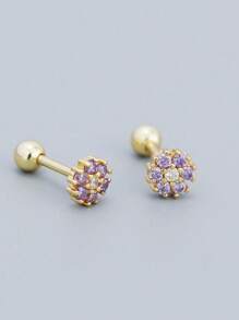 2pcs/set Cubic Zirconia Flower Decor Silver Stud Earring - Yellow Gold - View 2