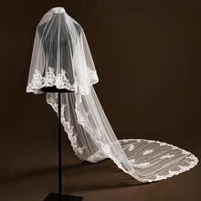 1 件优雅蕾丝边双层婚纱头纱，带面罩和拖裙，适合新娘秋季服装，女士 - 米色 - 查看 8