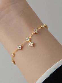 BALMORA 1pc Sterling Vintage S925 Silver Simple Cute Fashion Exquisite Shining Flower Zirconia Gold Flower Chain Bracelet For Women Friend Lover Birthday Jewelry Gift
