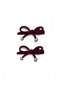 2个装女士纯色植绒蝴蝶结仿珍珠发夹，/冬季，优雅甜美时尚风格，适合学校聚会、舞会和日常佩戴，可爱发饰，适合女性，学校用品，大学，珍珠发饰，蝴蝶结，头饰，发夹 - 酒紅色 - 查看 5