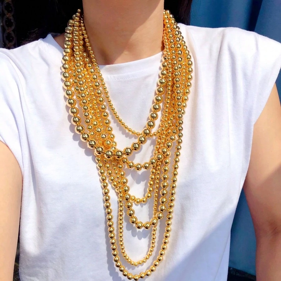 1套誇張的ccb金珠項鍊和耳環套裝,迷人的晚禮服配件,多層項鍊派對裝飾 - 金色 - 查看 1