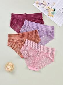 大码女士四件套优雅条纹宽边舒适弹力蕾丝三角内裤，透气 - 彩色 - 查看 3