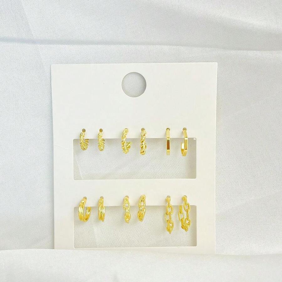 1套/6對時尚的鋅合金鍍金金屬紋理大c設計圓環耳環,極簡風格,適合女性日常穿著 - 金色 - 查看 1