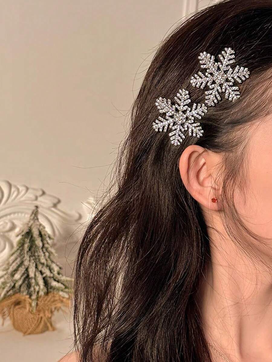 优雅Y2K水钻雪花设计合金简约发夹爪夹发卡，派对造型，发饰 - 銀色 - 查看 1