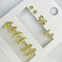 1組/6雙流行的鋅合金金鍍大 C 形耳環,金屬紋理設計,極簡與酷的風格,適合女性日常佩戴 - 金色 - 查看 3