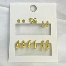 1組/6雙流行的鋅合金金鍍大 C 形耳環,金屬紋理設計,極簡與酷的風格,適合女性日常佩戴 - 金色 - 查看 1