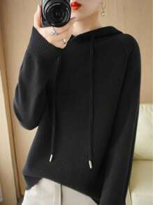 Suéteres para Mujer de Manga Larga con Capucha, Suéter de Punto Acanalado Cuello Redondo - Negro - Ver 3